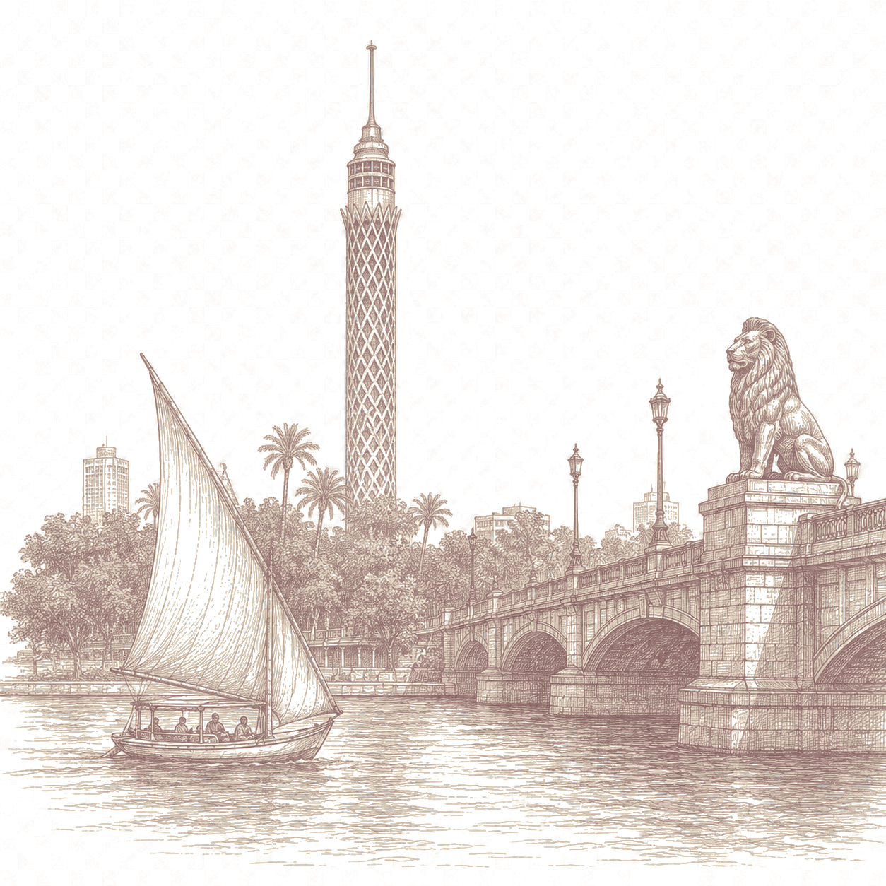Illustration of the Cairo Tower and Qasr El Nil bridge