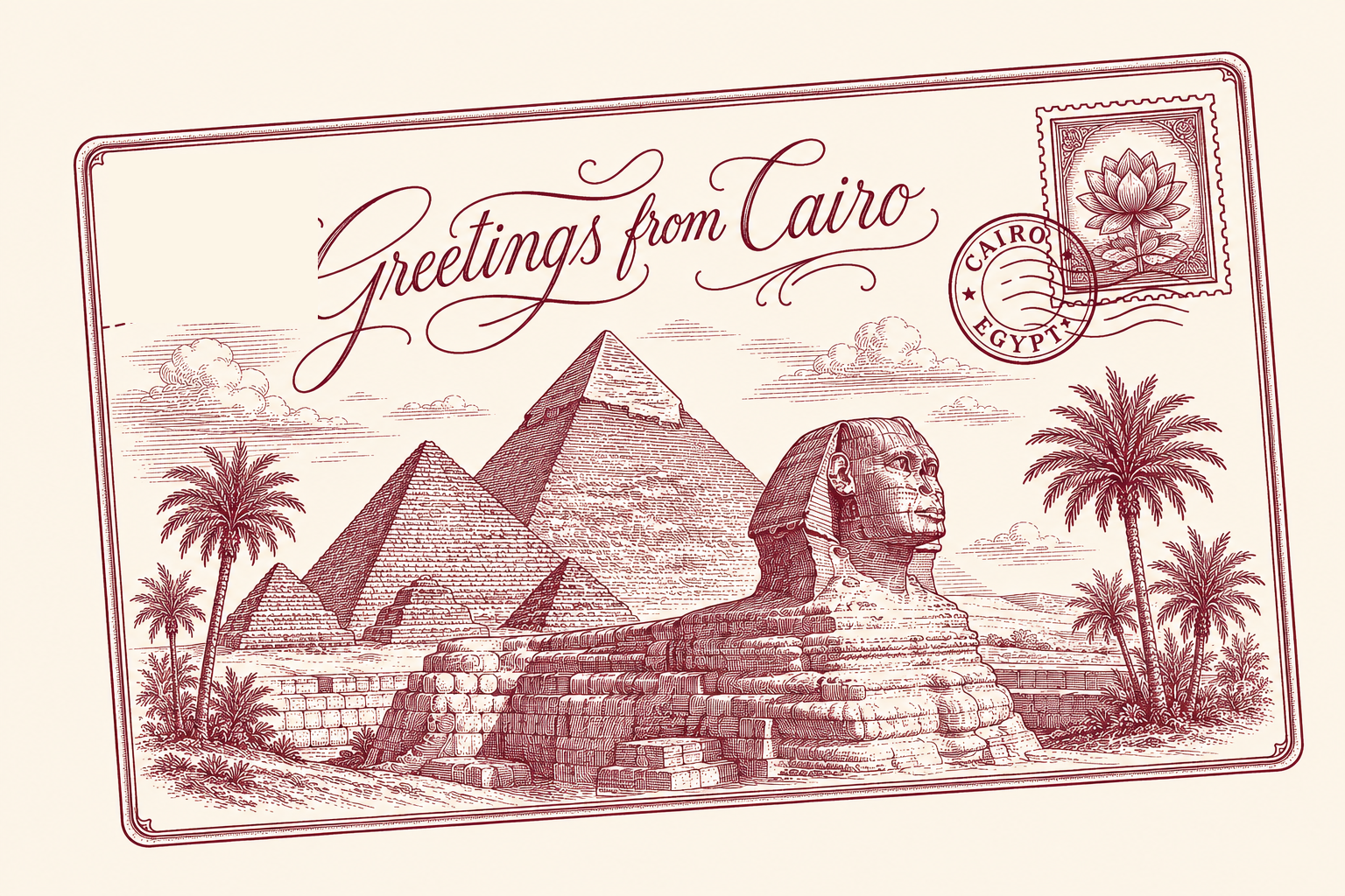A vintage postcard reading Greetings from Cairo, illustrating the Pyramids of Giza, the Great Sphinx, and palm trees